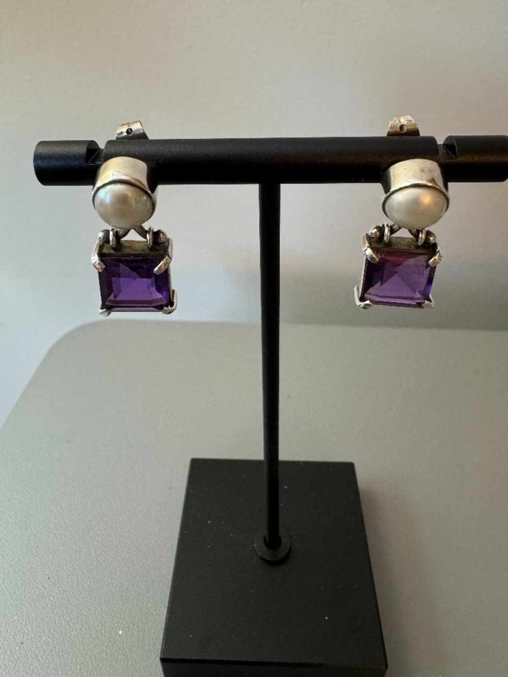 Vintage Sterling Silver 925 Amethyst & Pearl Drop Earrings